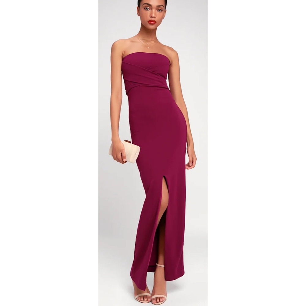 Lulus Burgundy Strapless Maxi Dress Pleated Crisscross Front Slit Gown Small NWT